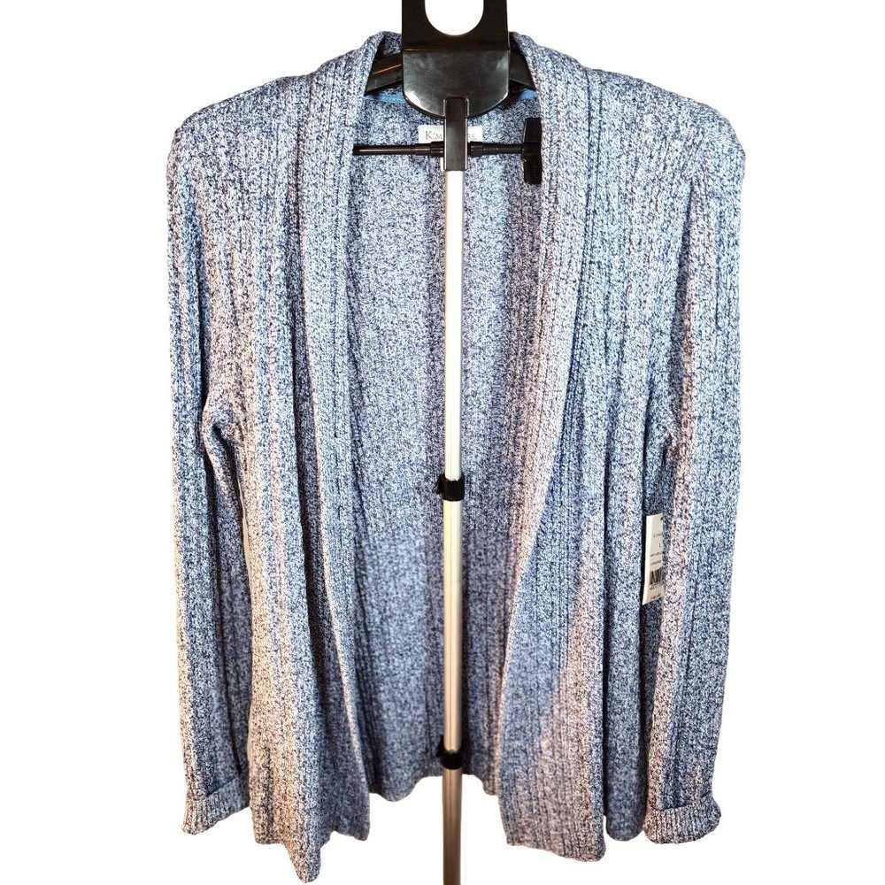 Kim Rogers‎ Large Blue White Open Front Cable Knit Relaxed Cardigan